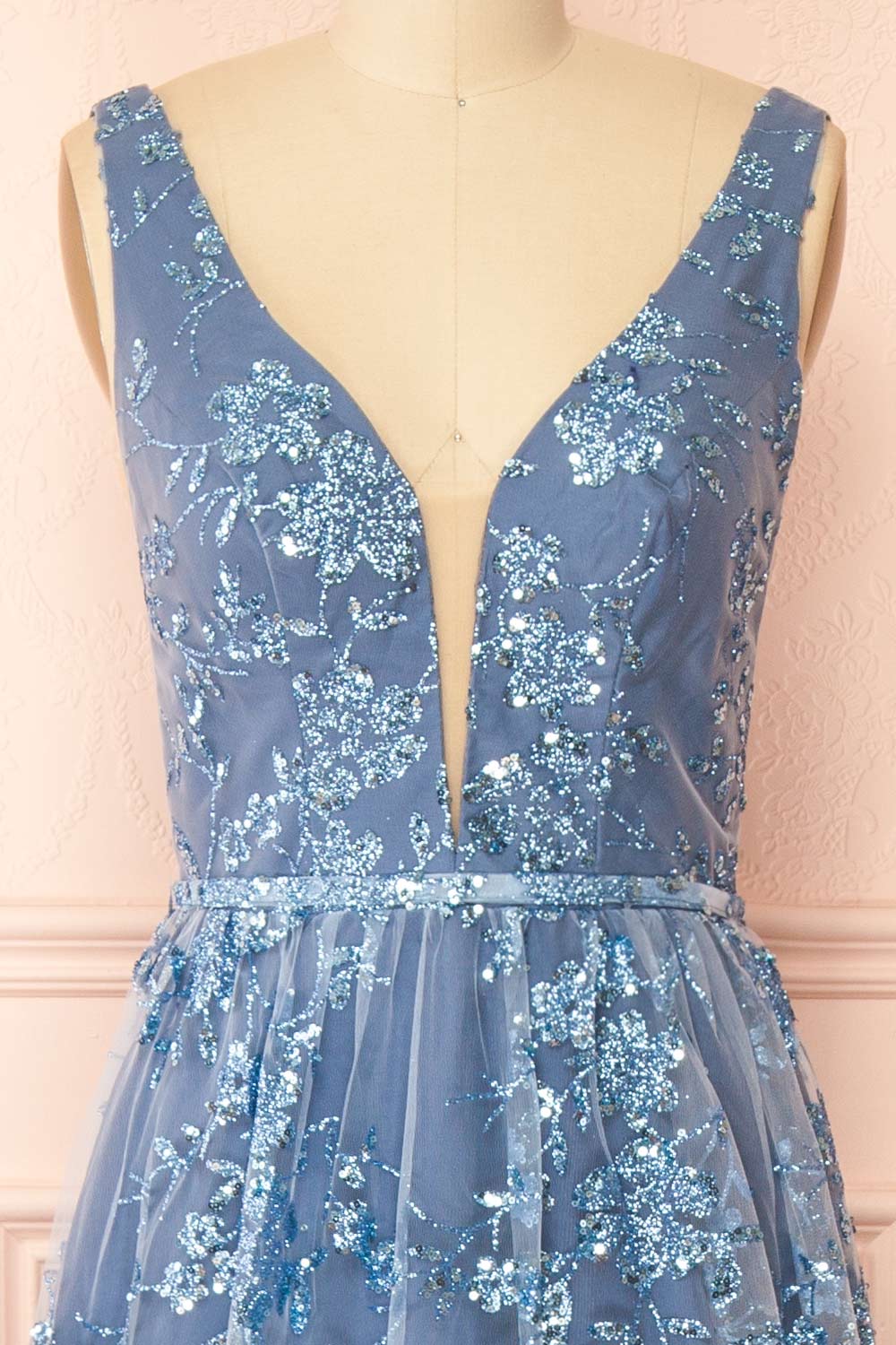 Alix Blue Grey Glittery V-Neck Maxi Dress | Boutique 1861 front view