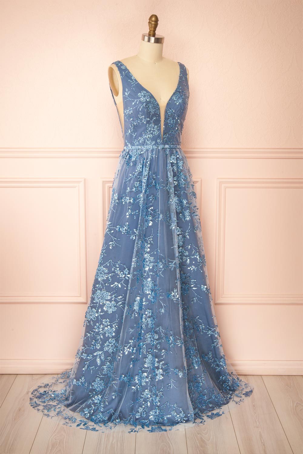 Alix Blue Grey Glittery V-Neck Maxi Dress | Boutique 1861 side