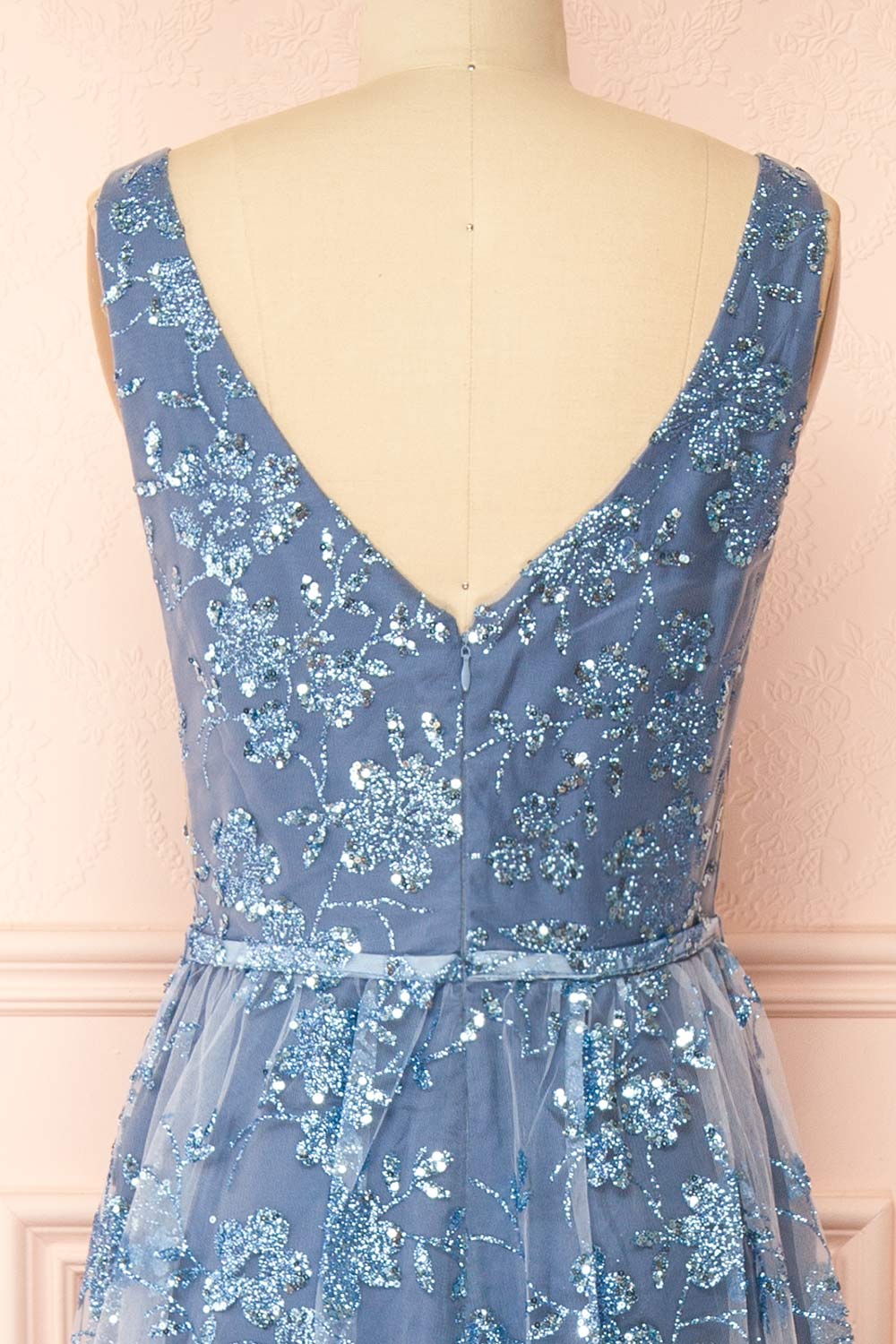 Alix Blue Grey Glittery V-Neck Maxi Dress | Boutique 1861 back view