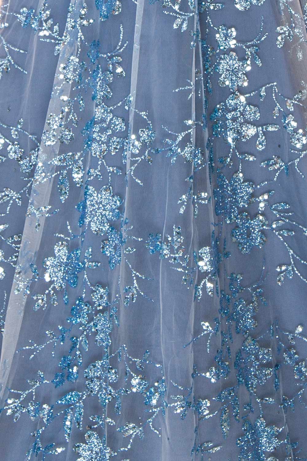 Alix Blue Grey Glittery V-Neck Maxi Dress | Boutique 1861 fabric details view