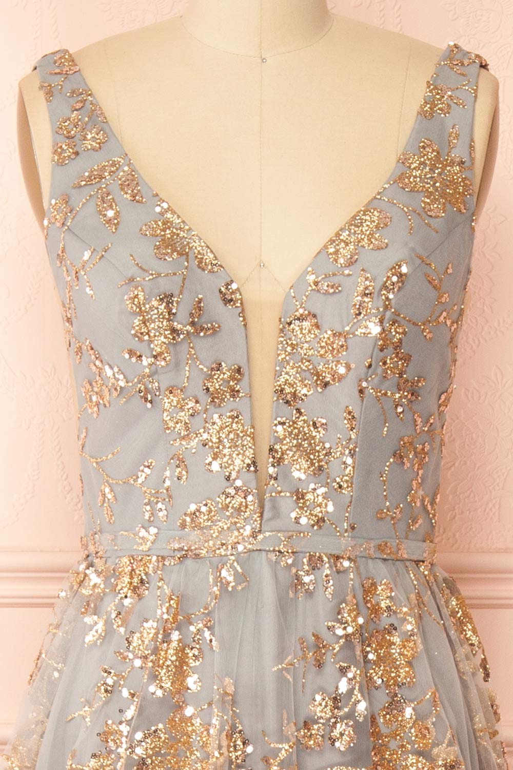 Alix Blue Grey Glittery V-Neck Maxi Dress | Boutique 1861 front view