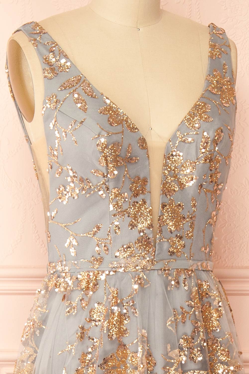 Alix Blue Grey Glittery V-Neck Maxi Dress | Boutique 1861 side view