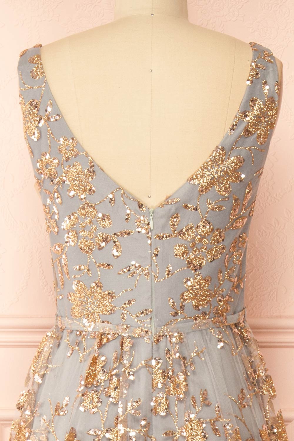 Alix Blue Grey Glittery V-Neck Maxi Dress | Boutique 1861 back view