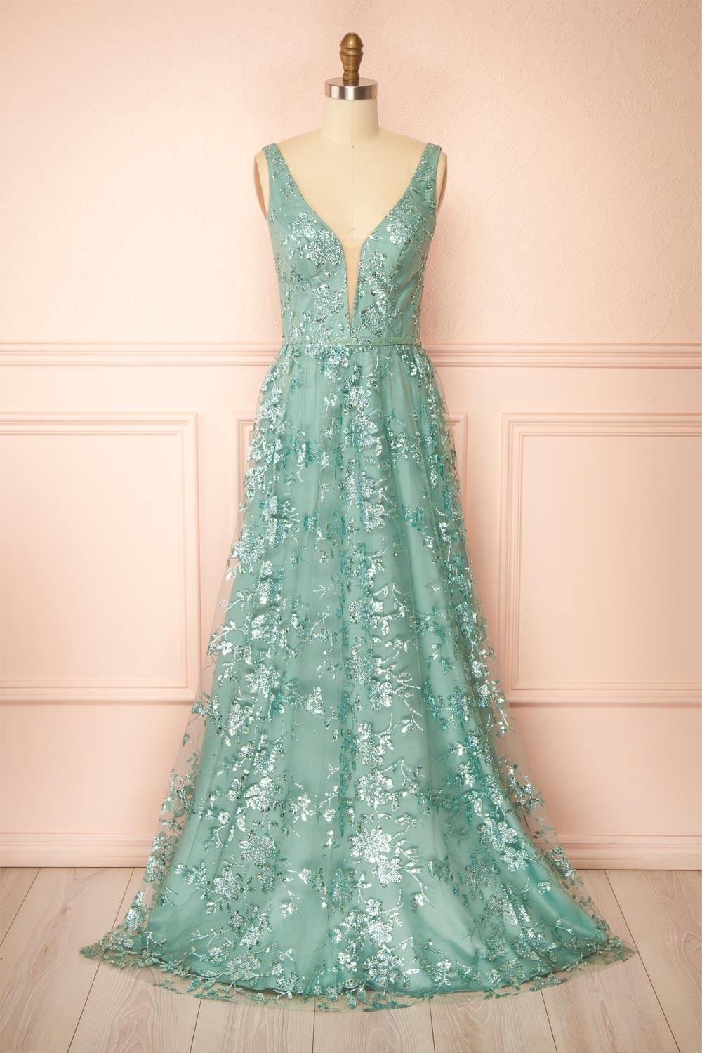 Alix Teal Glittery V-Neck Maxi Dress | Boutique 1861 front