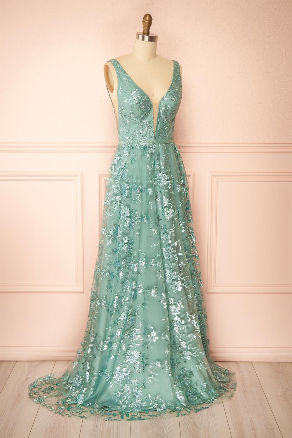 Alix Teal Glittery V-Neck Maxi Dress | Boutique 1861 side