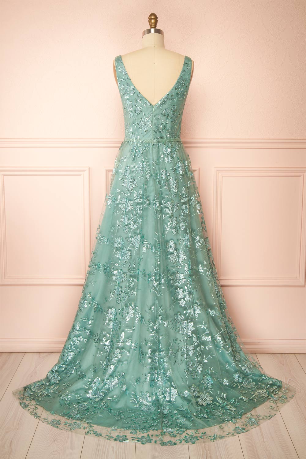 Alix Teal Glittery V-Neck Maxi Dress | Boutique 1861 back