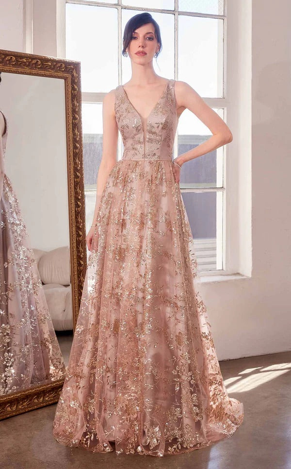 Alix Taupe Glittery V-Neck Maxi Dress | Boutique 1861 front view on model