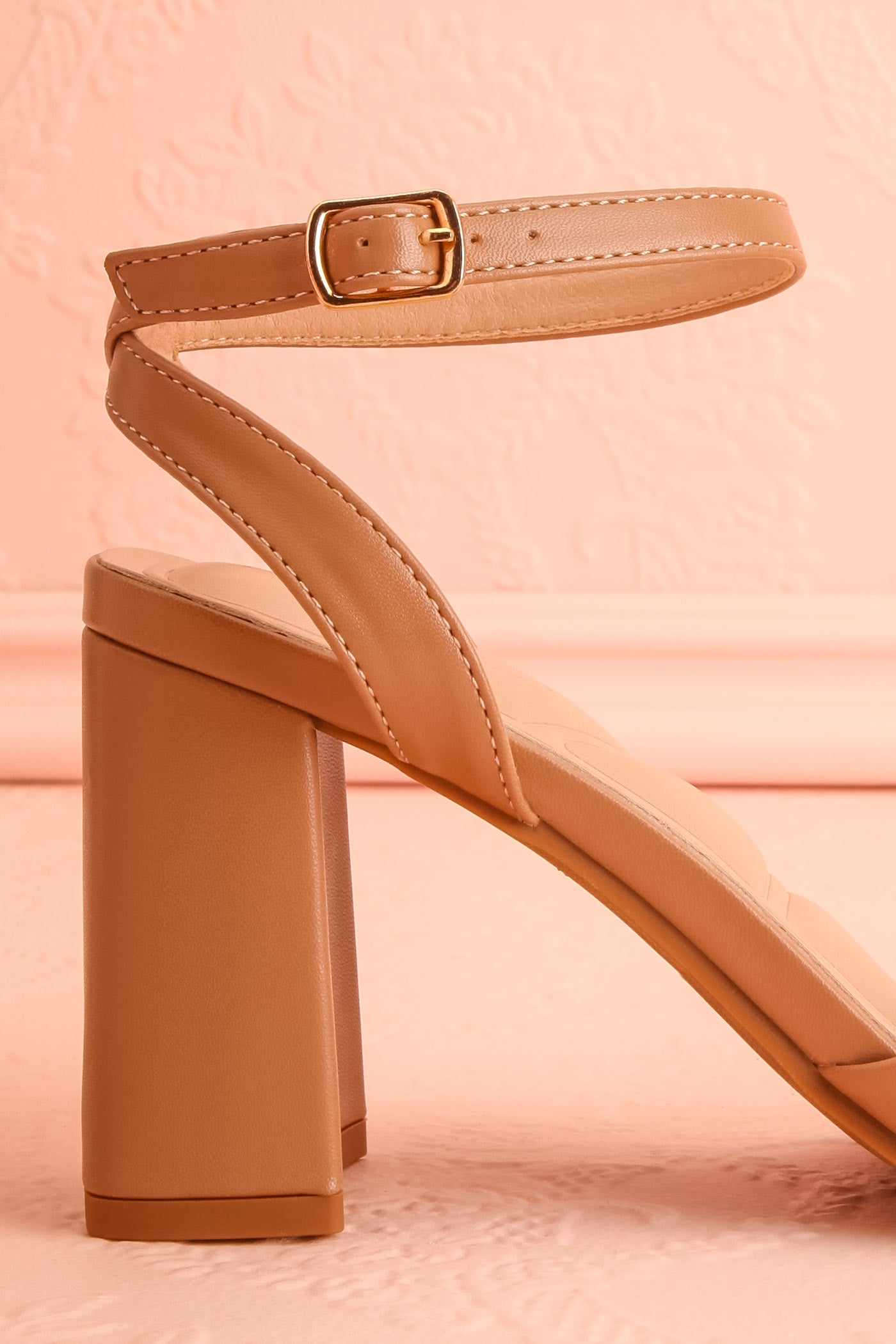 Close-up side view Allison Beige Square Toe Block Heel Sandals from boutique 1861