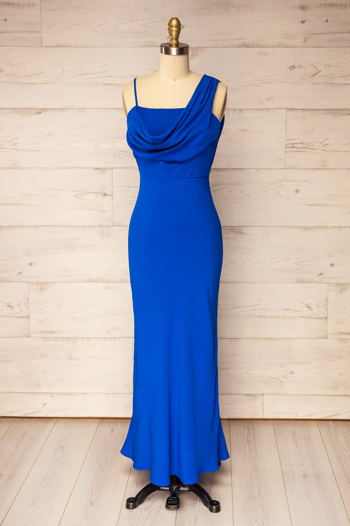 Alodie | Asymmetrical Draped Cowl Neck Royal Blue Maxi Dress