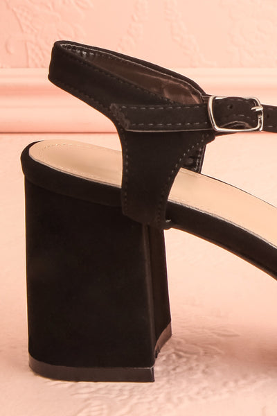 Aloisa Black Faux Suede Heeled Sandals | Boutique 1861 sid eback close-up