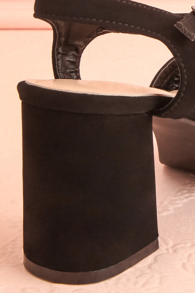 Aloisa Black Faux Suede Heeled Sandals | Boutique 1861 back close-up