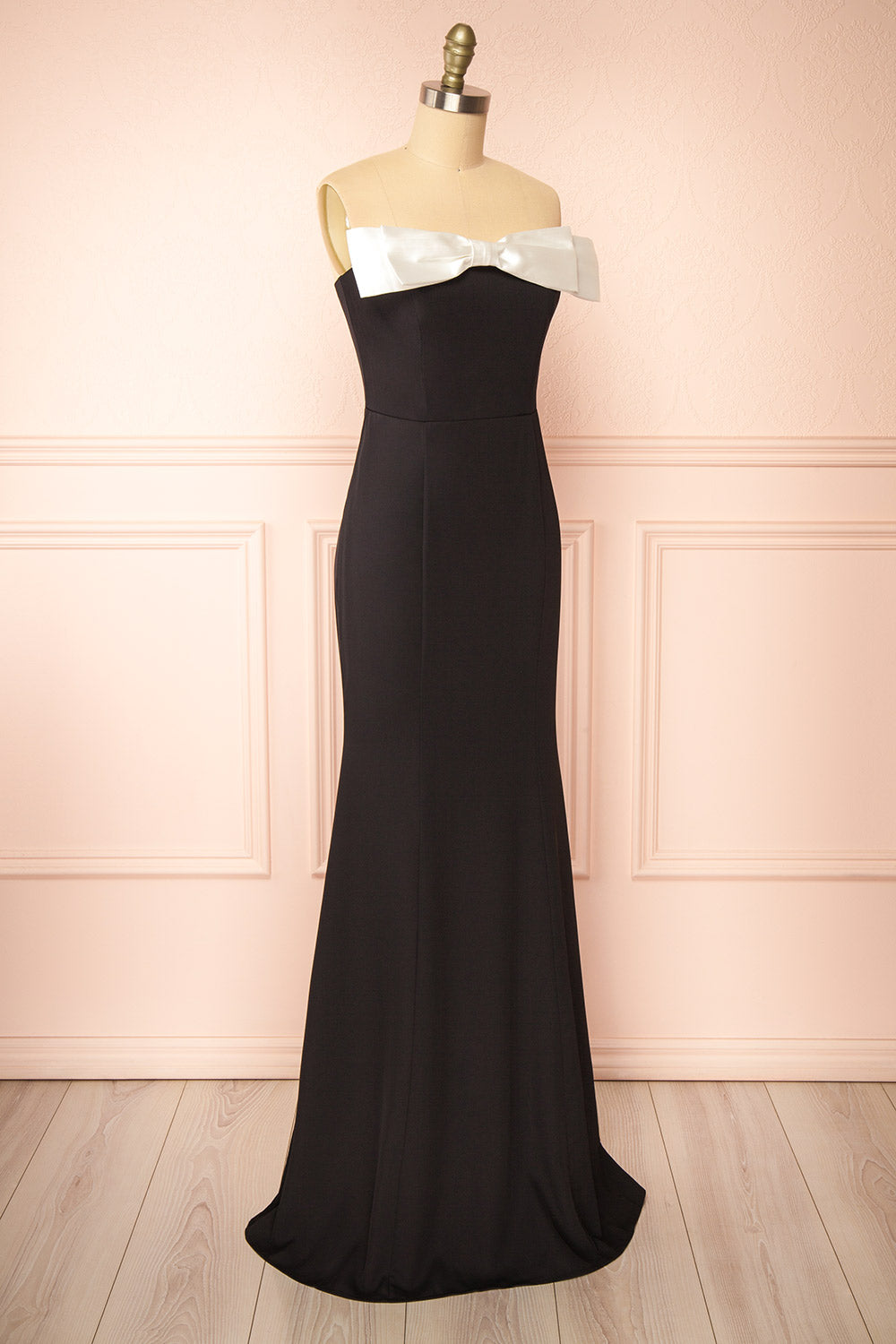 Alphys Black Mermaid Maxi Dress w/ Removable Bow | Boutique 1861 side view