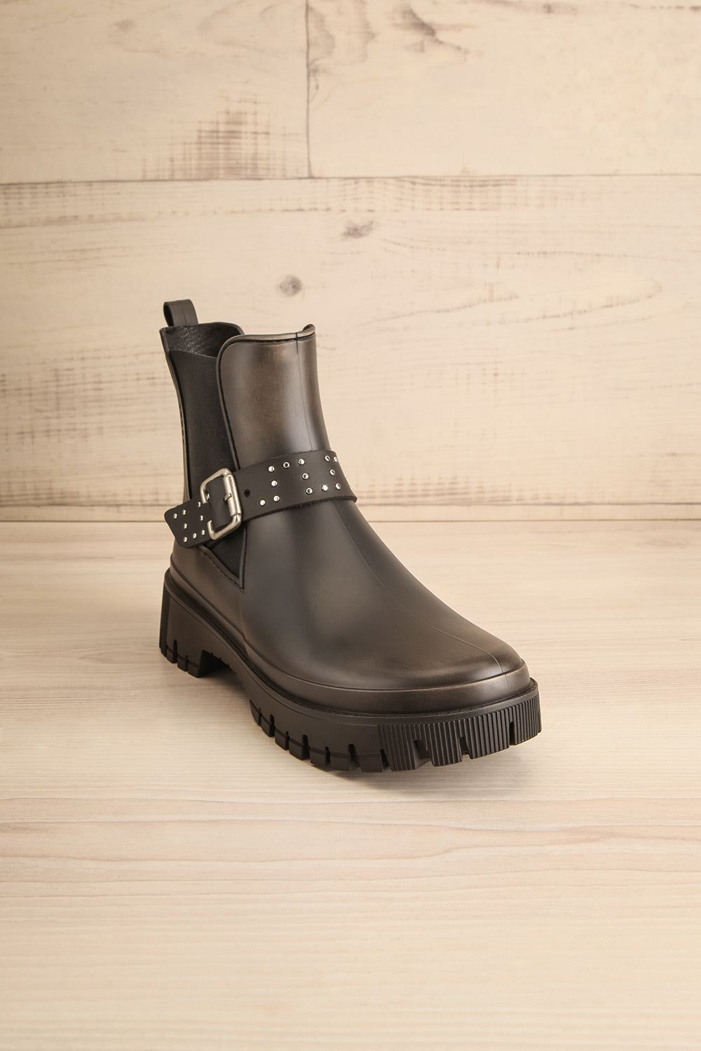 Alsie Black Rain Boots w/ Belt | La petite garçonne front view