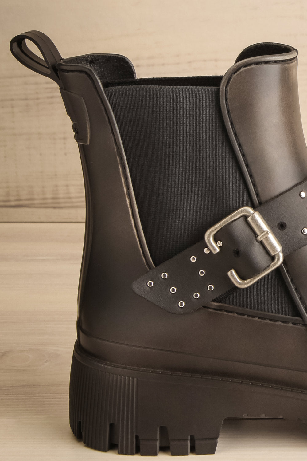 Alsie Black Rain Boots w/ Belt | La petite garçonne side back close-up