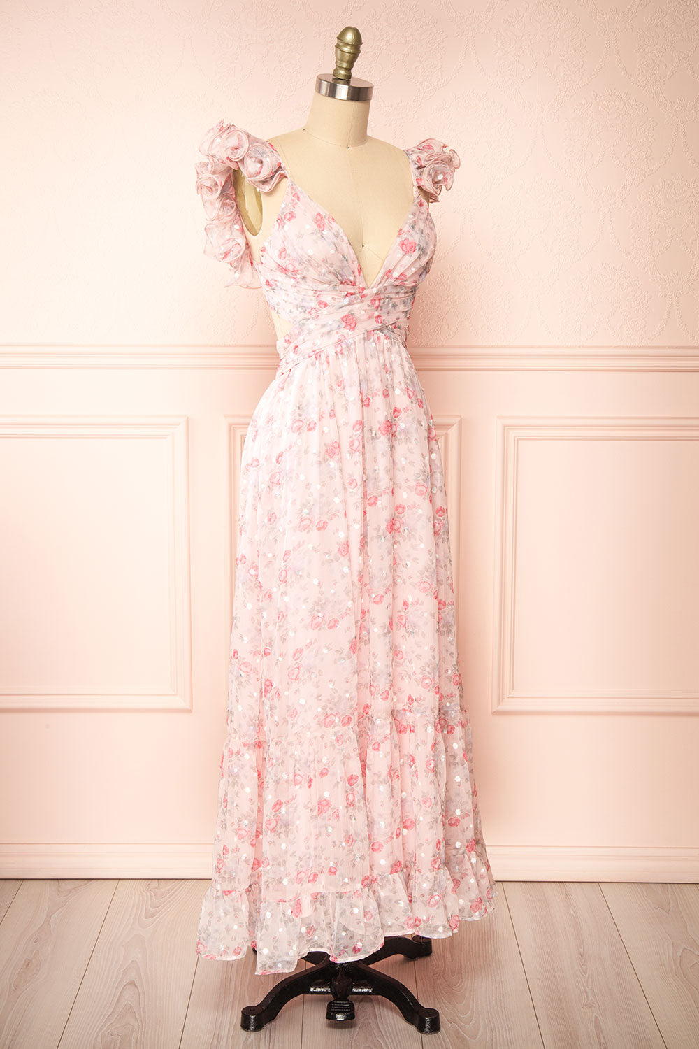 Alvaine Long Pink Floral Dress w/ Ruffled Straps | Boutique 1861 sid eview