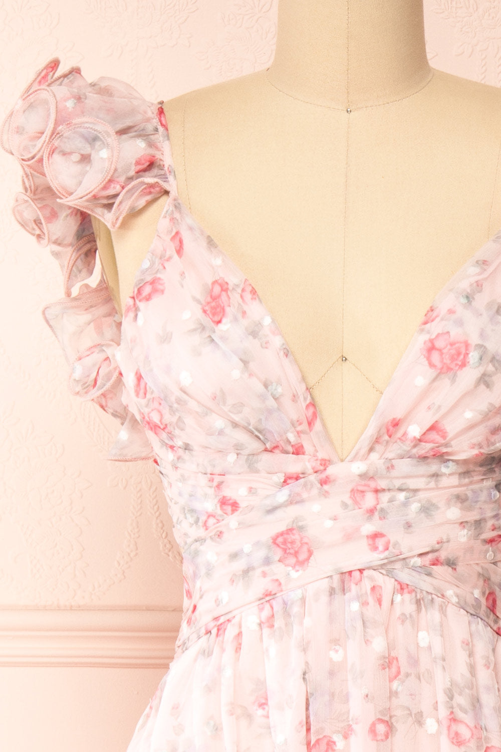 Alvaine Long Pink Floral Dress w/ Ruffled Straps | Boutique 1861 front close-up