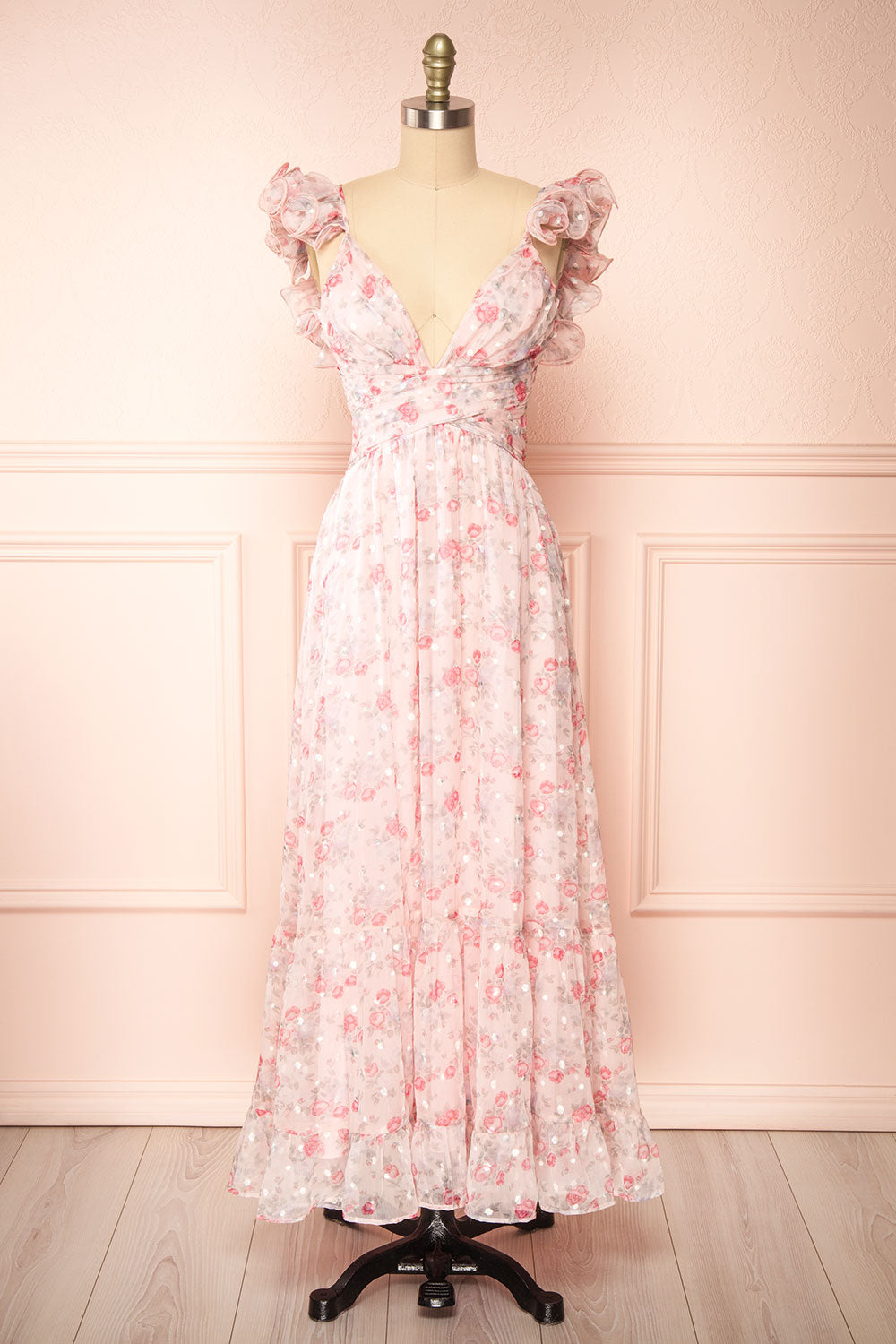 Alvaine Long Pink Floral Dress w/ Ruffled Straps | Boutique 1861 front view