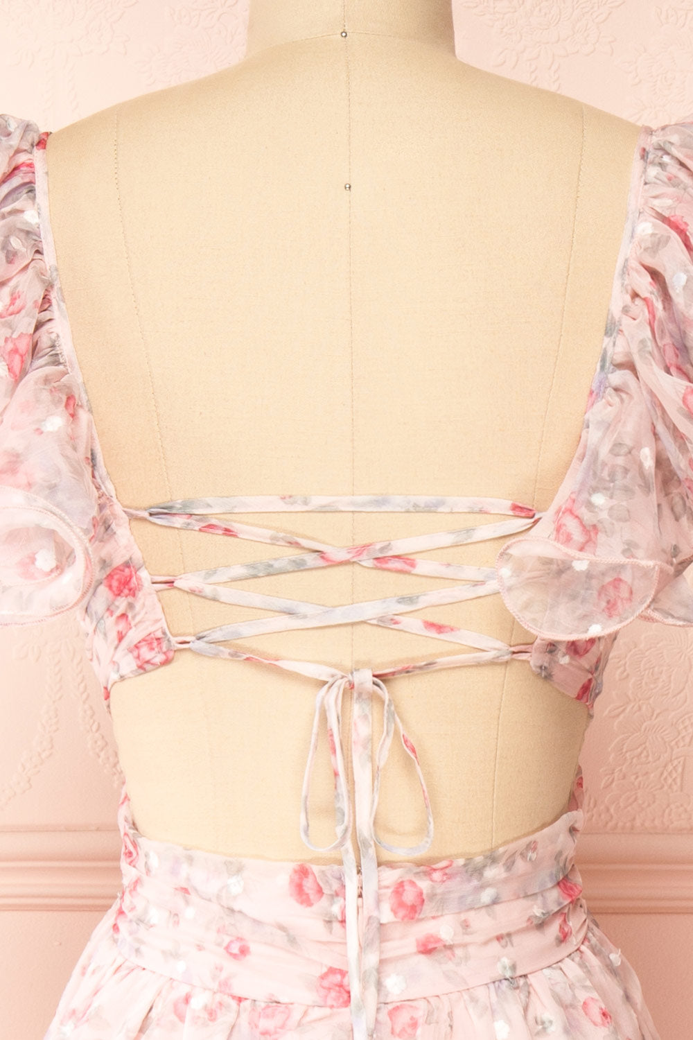 Alvaine Long Pink Floral Dress w/ Ruffled Straps | Boutique 1861 back detail
