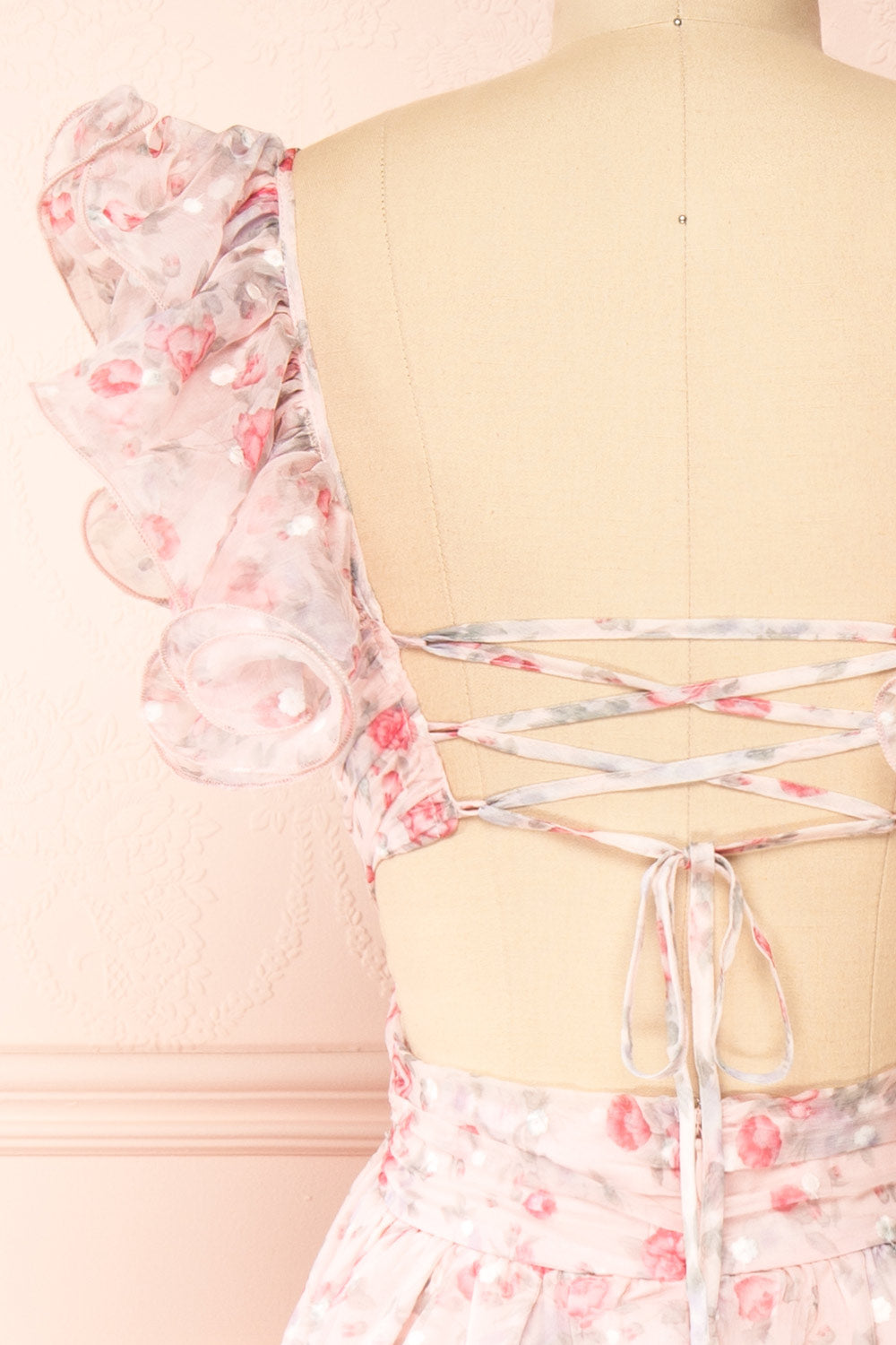 Alvaine Long Pink Floral Dress w/ Ruffled Straps | Boutique 1861 back close-up