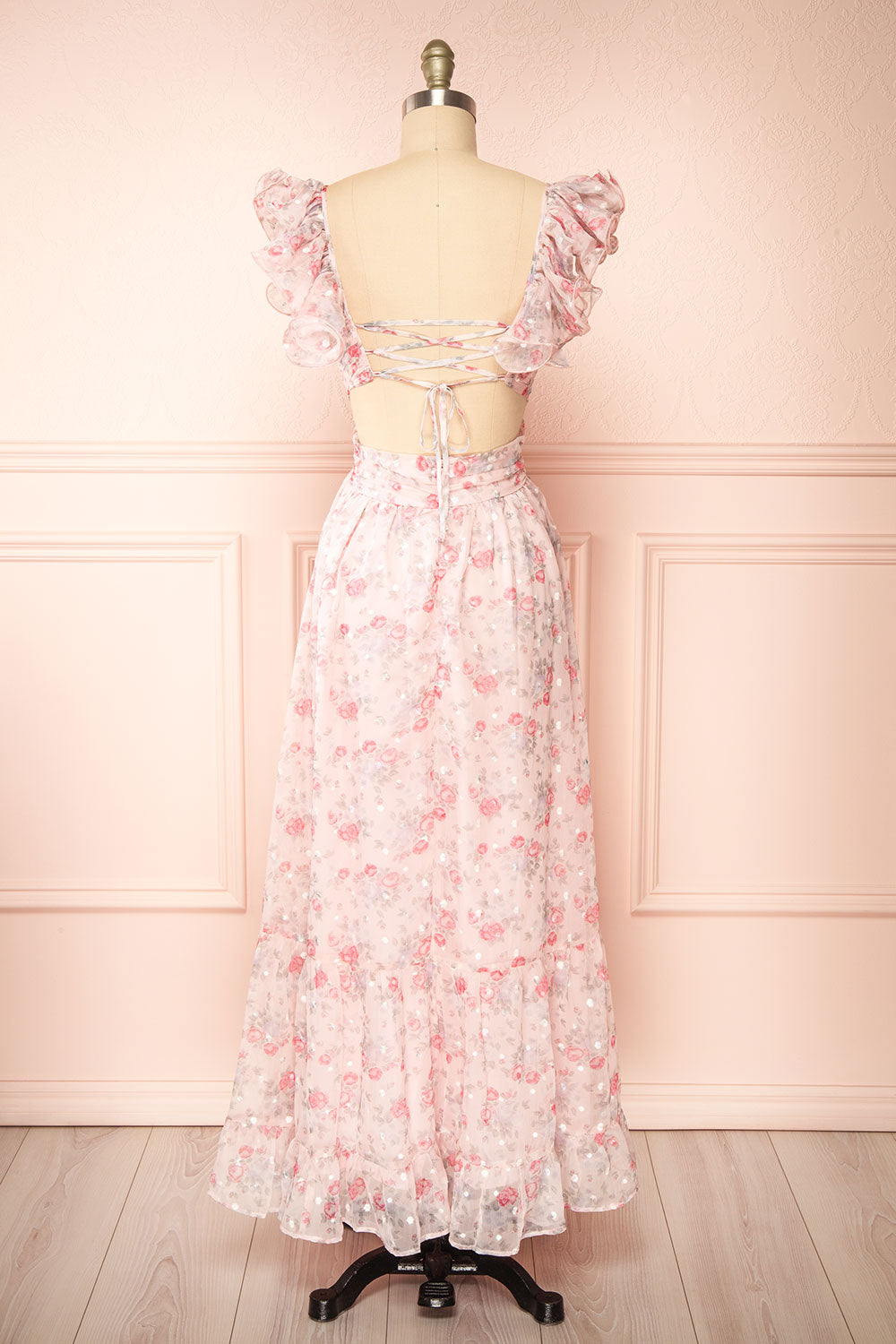 Alvaine Long Pink Floral Dress w/ Ruffled Straps | Boutique 1861 back view