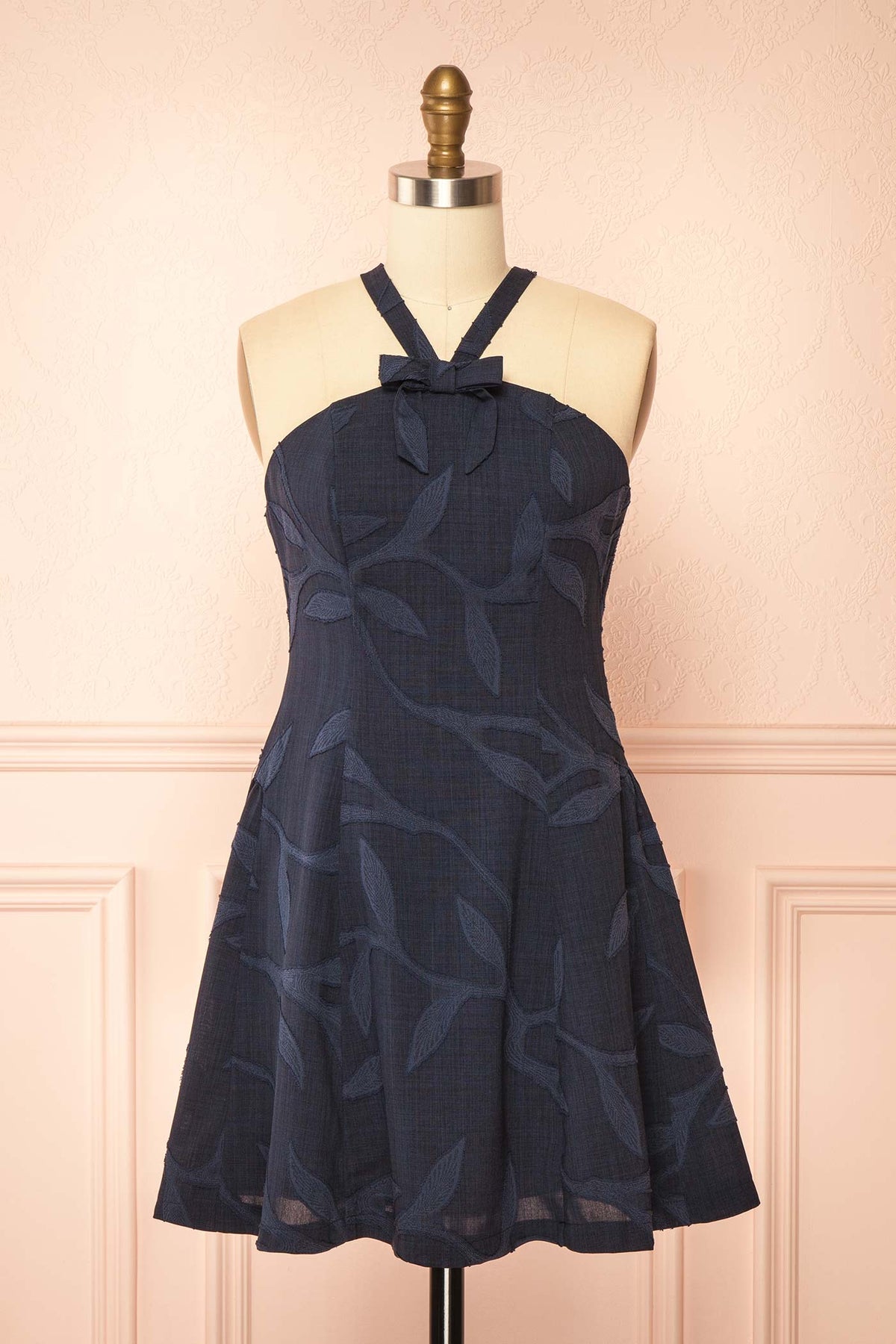 front view of Amadea Navy Short Halter Dress with Pockets at Boutique 1861