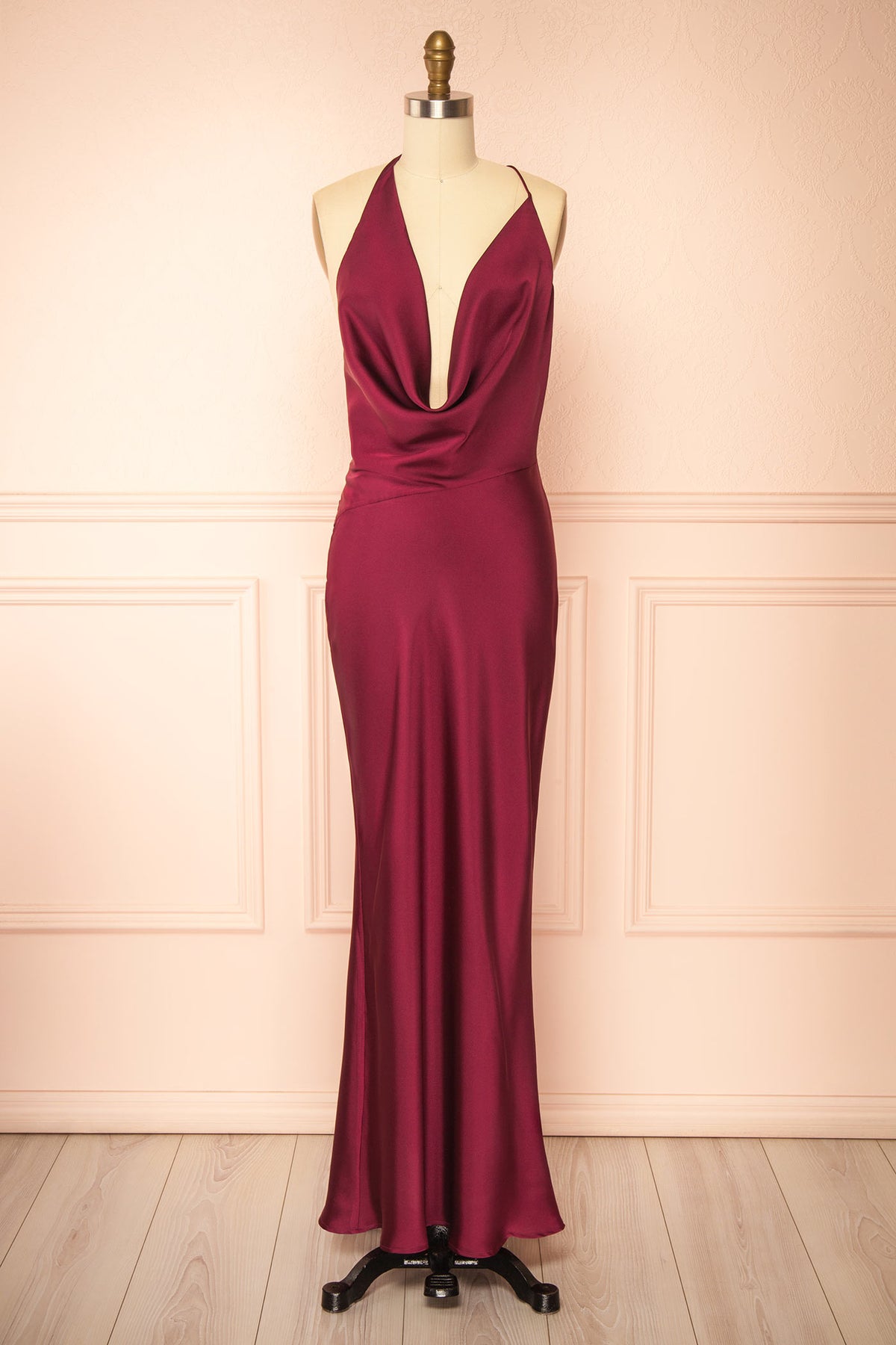 Front view of Amaia Burgundy Satin Asymmetric Maxi Dress with Open Back at Boutique 1861