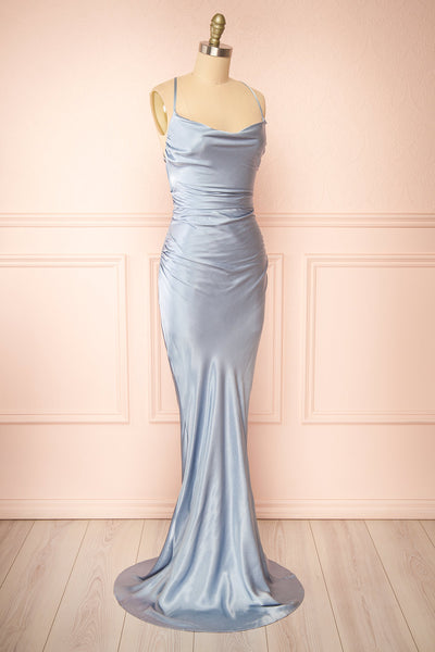 Amana Blue Maxi Satin Dress w/ Cowl Neck | Boutique 1861 side view