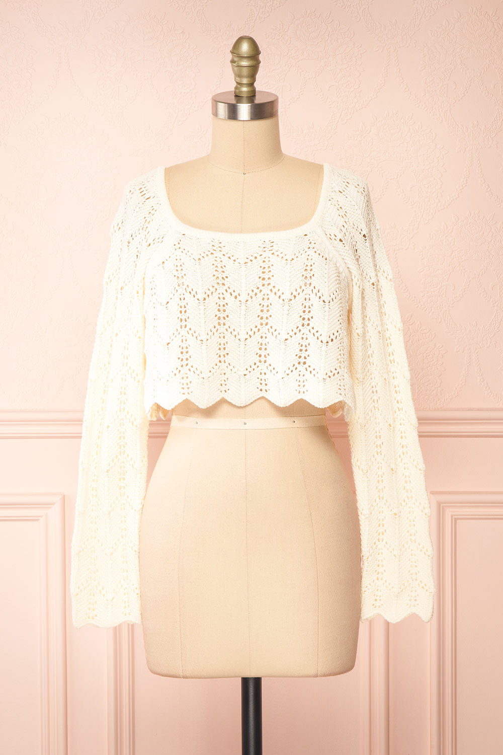 Amandine Ivory Crochet Crop Top w/ Long Sleeves | Boutique 1861 front view