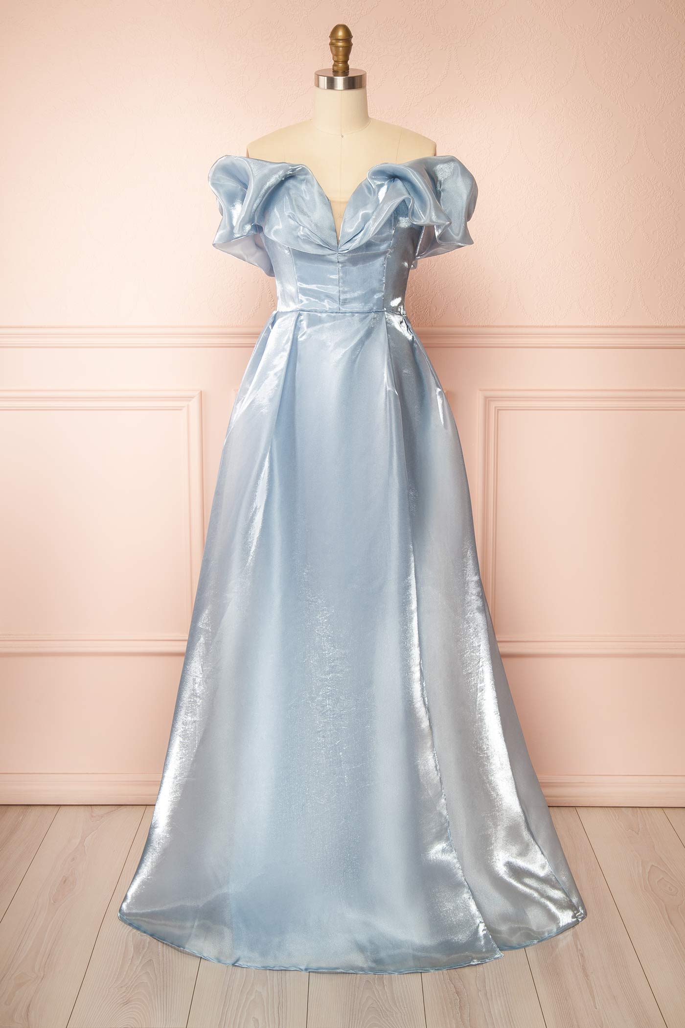 Amarae Blue | Shimmering Organza Off-the-Shoulder Maxi Dress with Slit