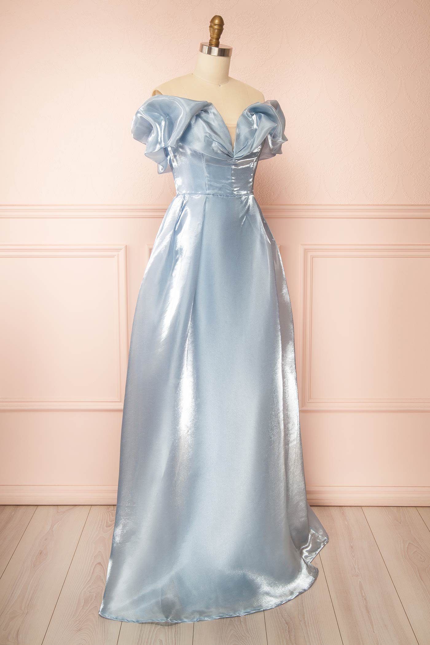 Amarae Blue | Shimmering Organza Off-the-Shoulder Maxi Dress with Slit