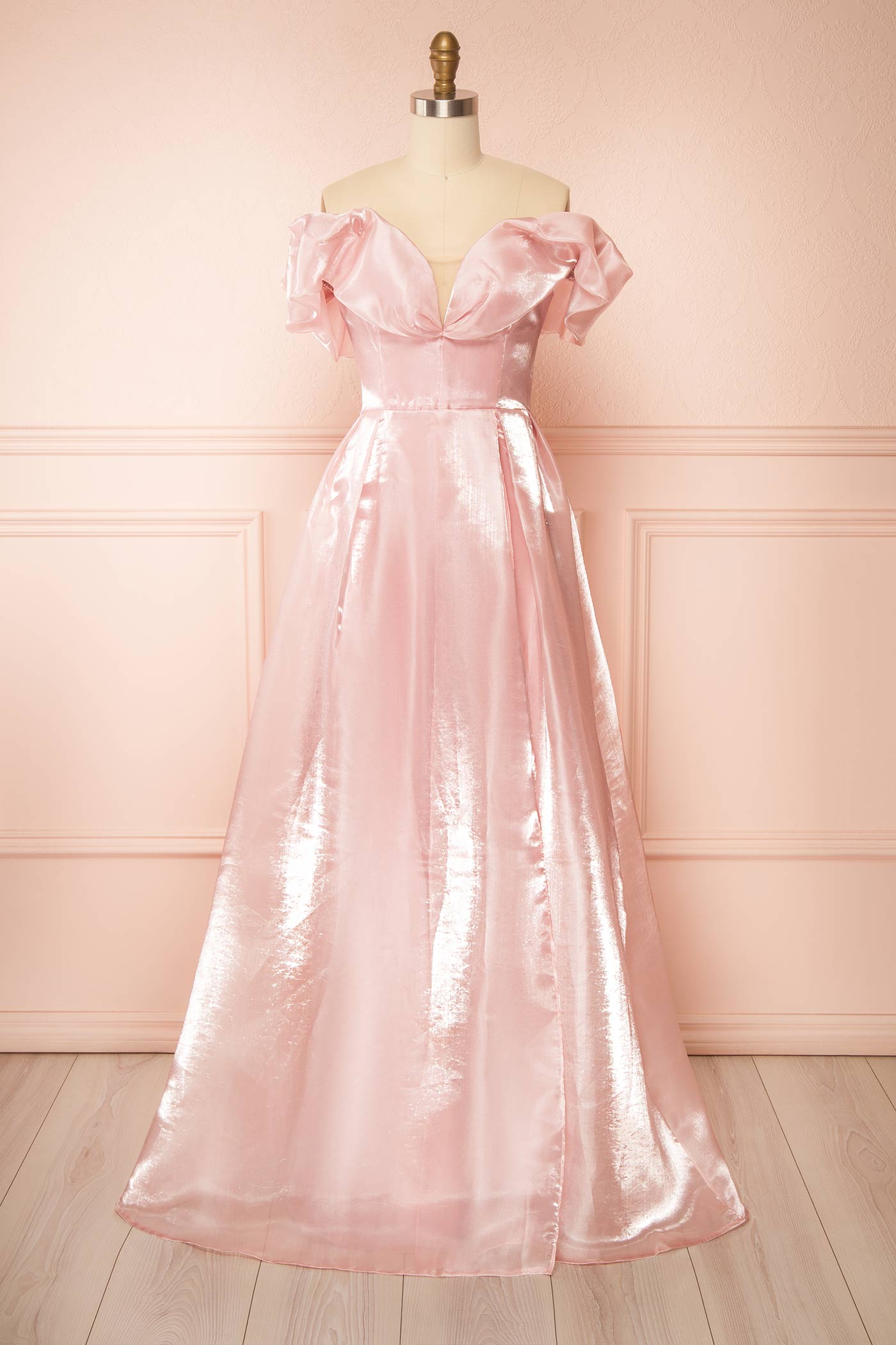 Amarae Pink | Shimmering Organza Off-the-Shoulder Maxi Dress with Slit