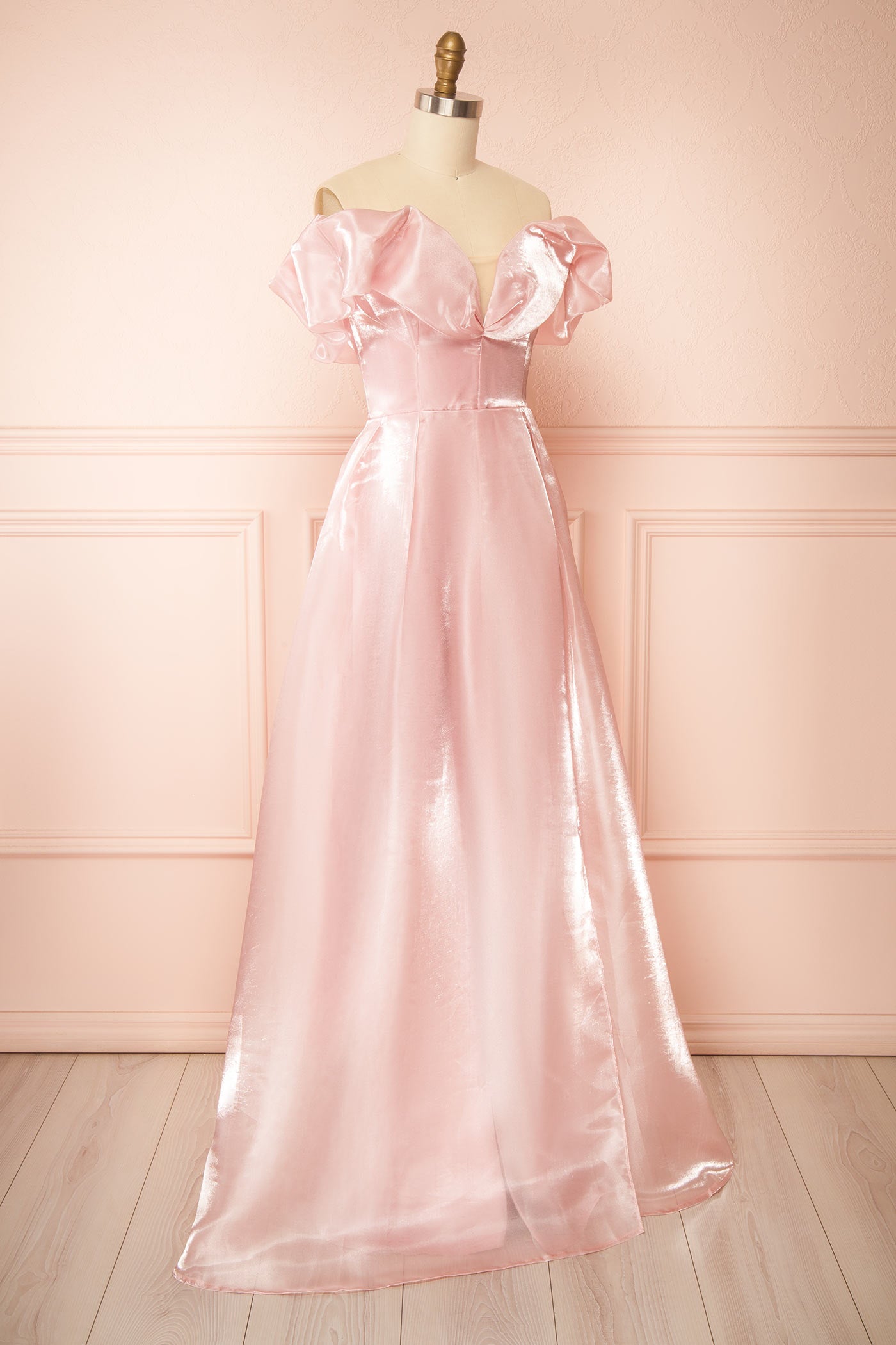 Amarae Pink | Shimmering Organza Off-the-Shoulder Maxi Dress with Slit