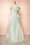 Amarae Sage | Shimmering Organza Off-the-Shoulder Maxi Dress with Slit