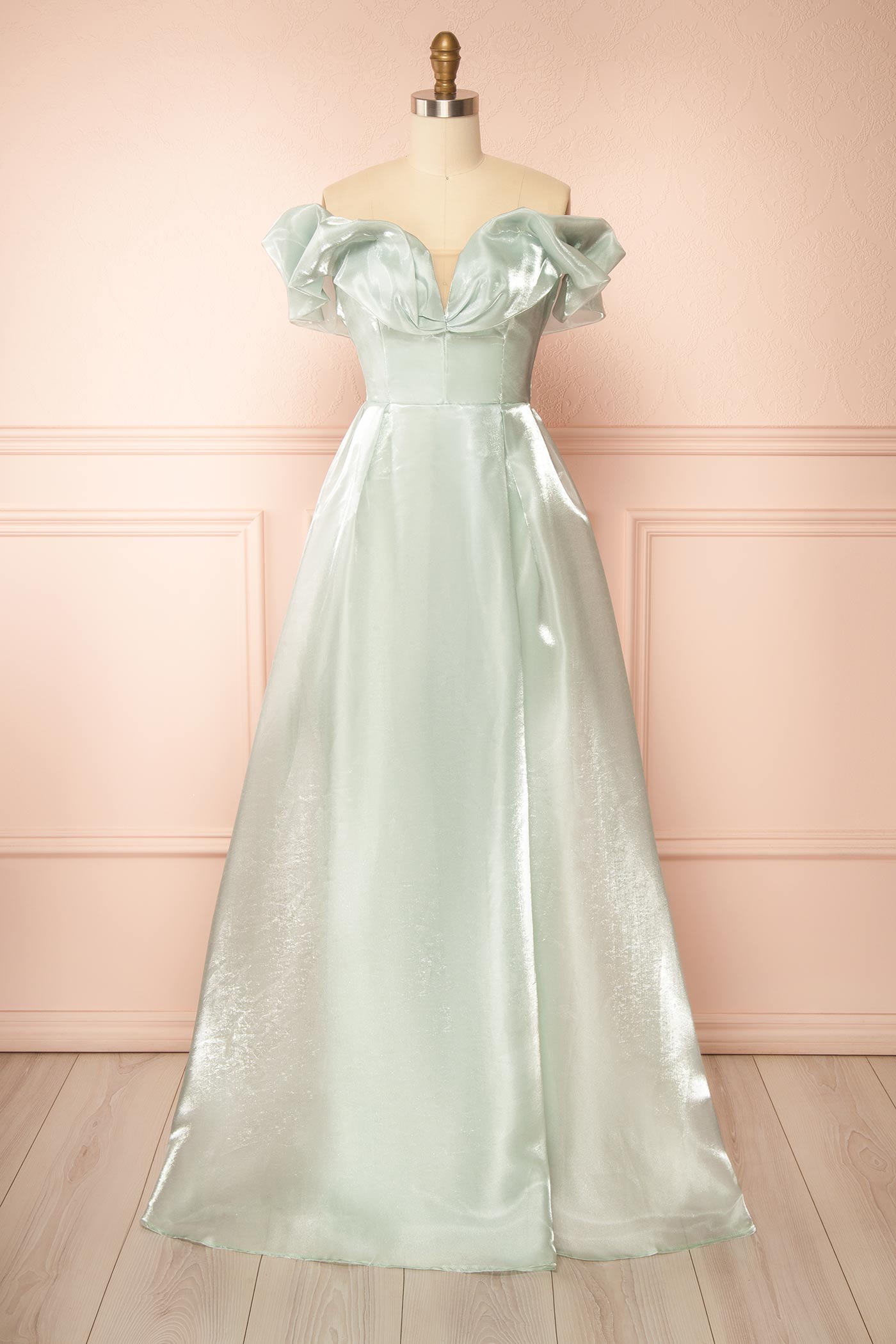 Amarae Sage | Shimmering Organza Off-the-Shoulder Maxi Dress with Slit