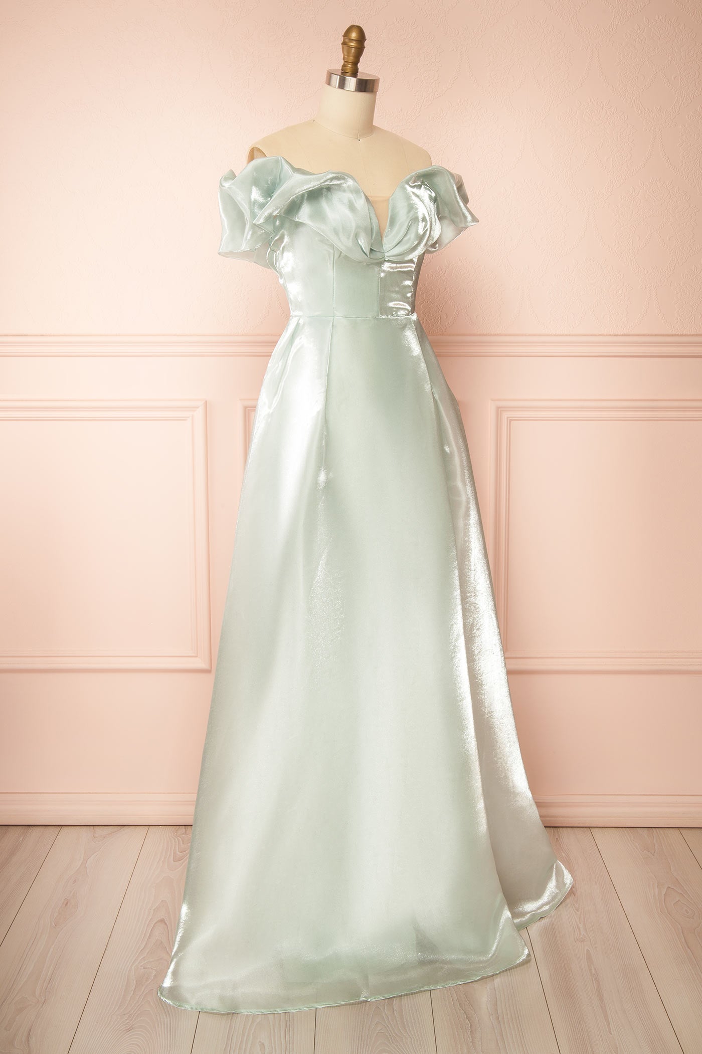 Amarae Sage | Shimmering Organza Off-the-Shoulder Maxi Dress with Slit
