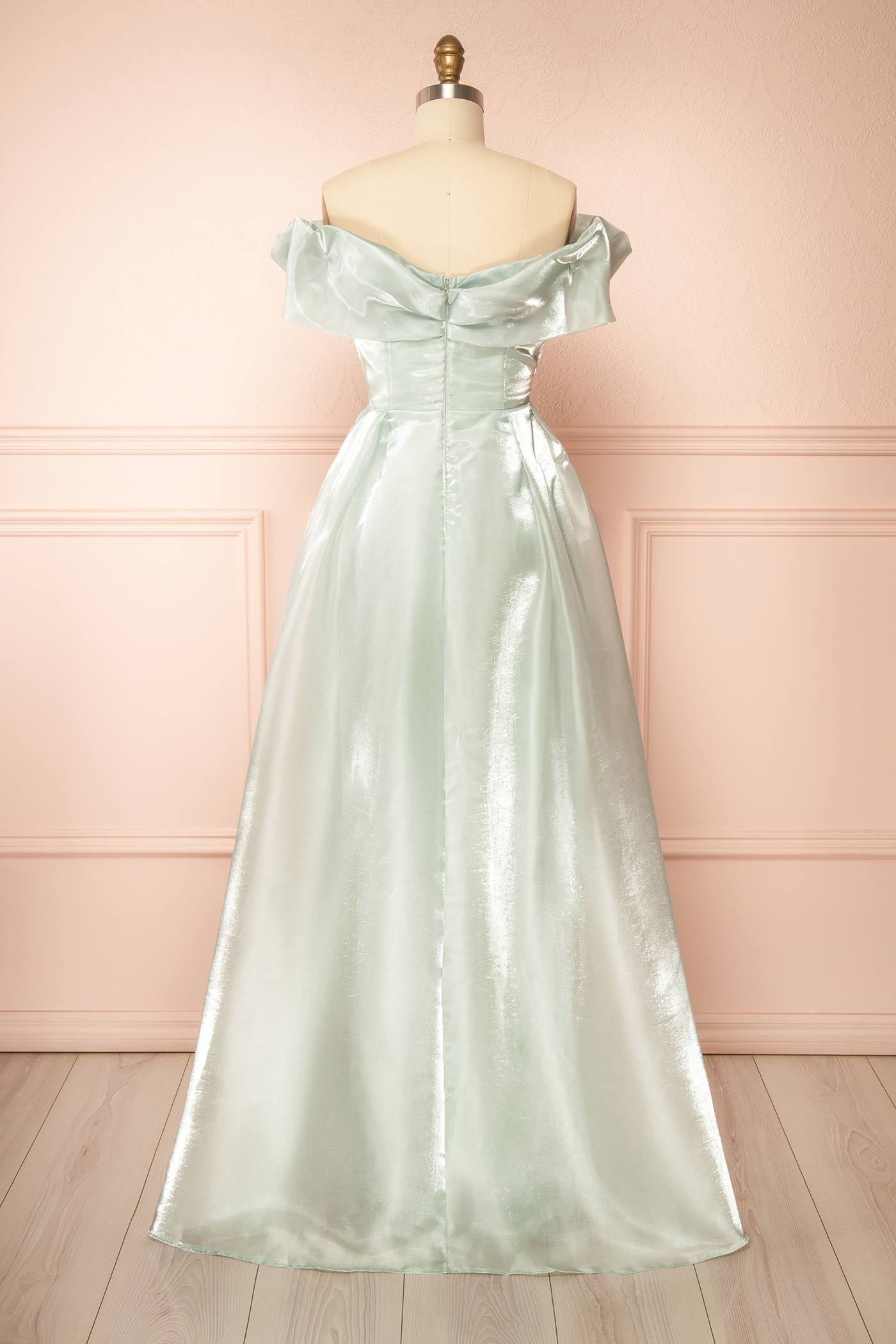 Amarae Sage | Shimmering Organza Off-the-Shoulder Maxi Dress with Slit
