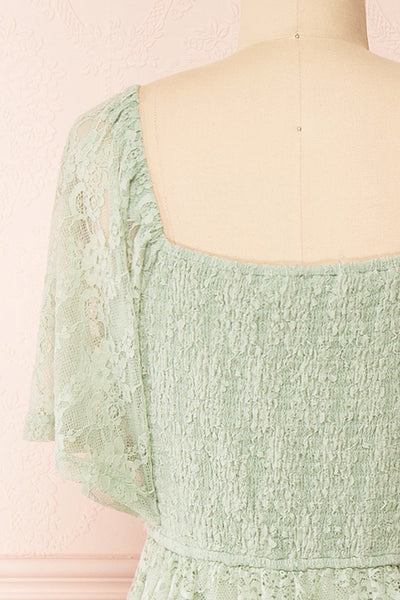 Amarys Sage Tiered Lace Maxi Dress | Boutique 1861 back close-up