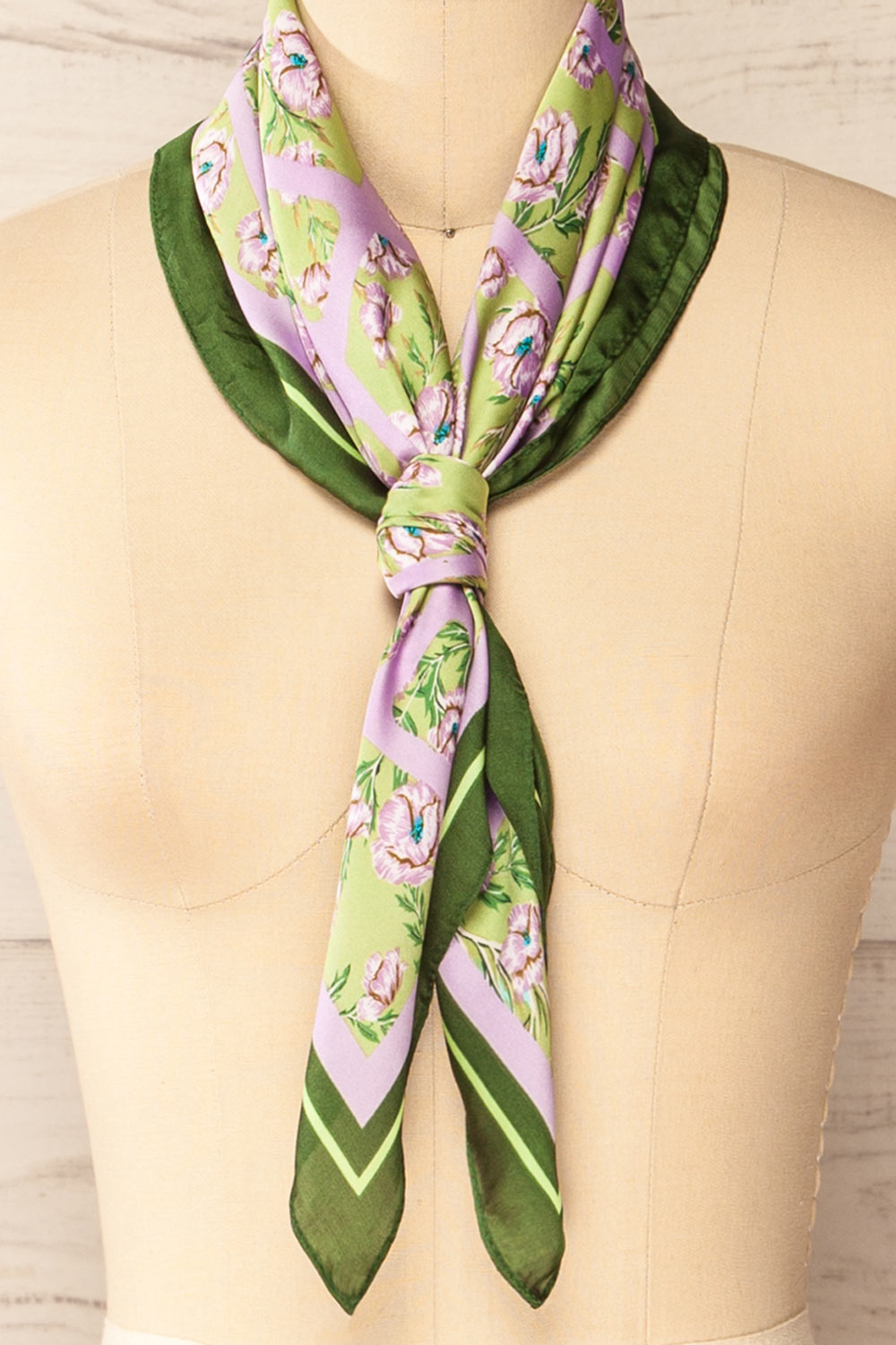 Ameyzieu Green and Lilac Floral Satin Scarf | La petite garçonne side close-up