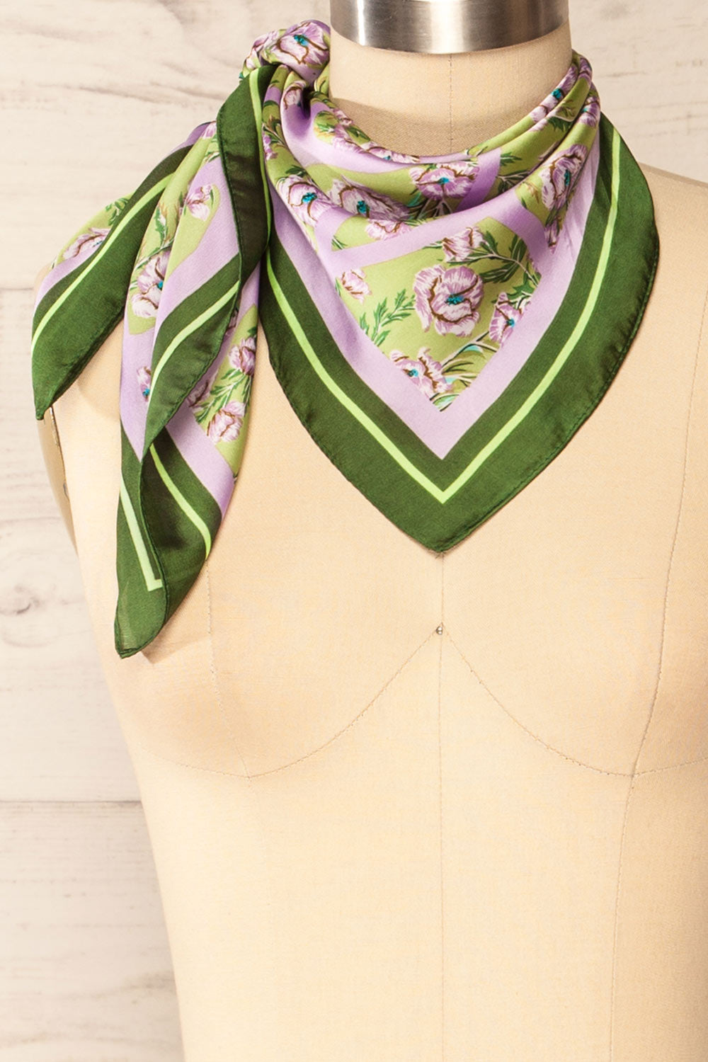 Ameyzieu Green and Lilac Floral Satin Scarf | La petite garçonne front close-up