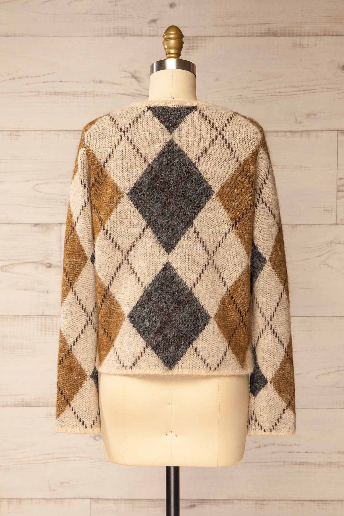 back view of Amqui Taupe Argyle Knit Pearl Button Cardigan at La petite garçonne