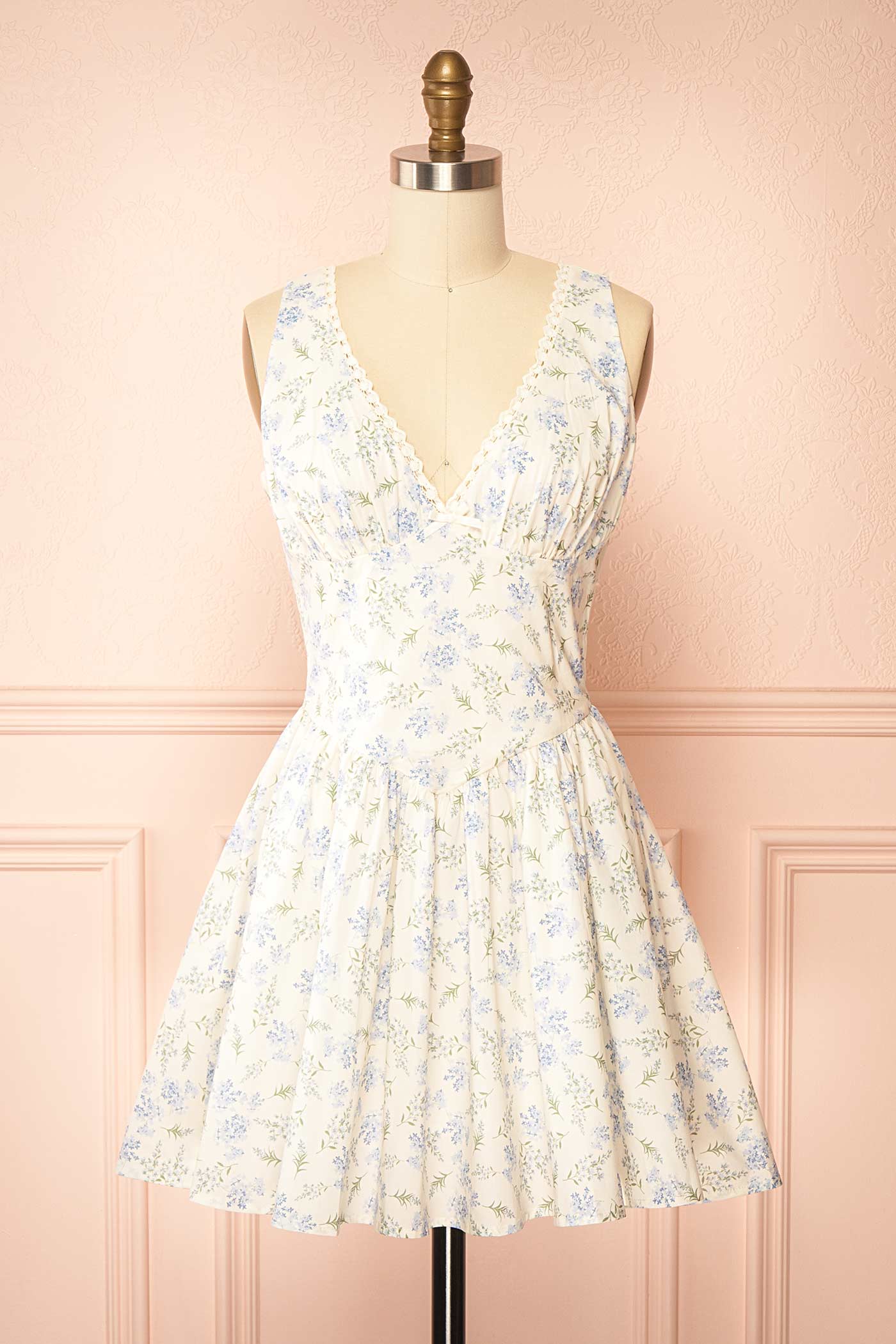 Amunel | White Floral V-Neck Lace Trim Short Dress with Dropped Waist