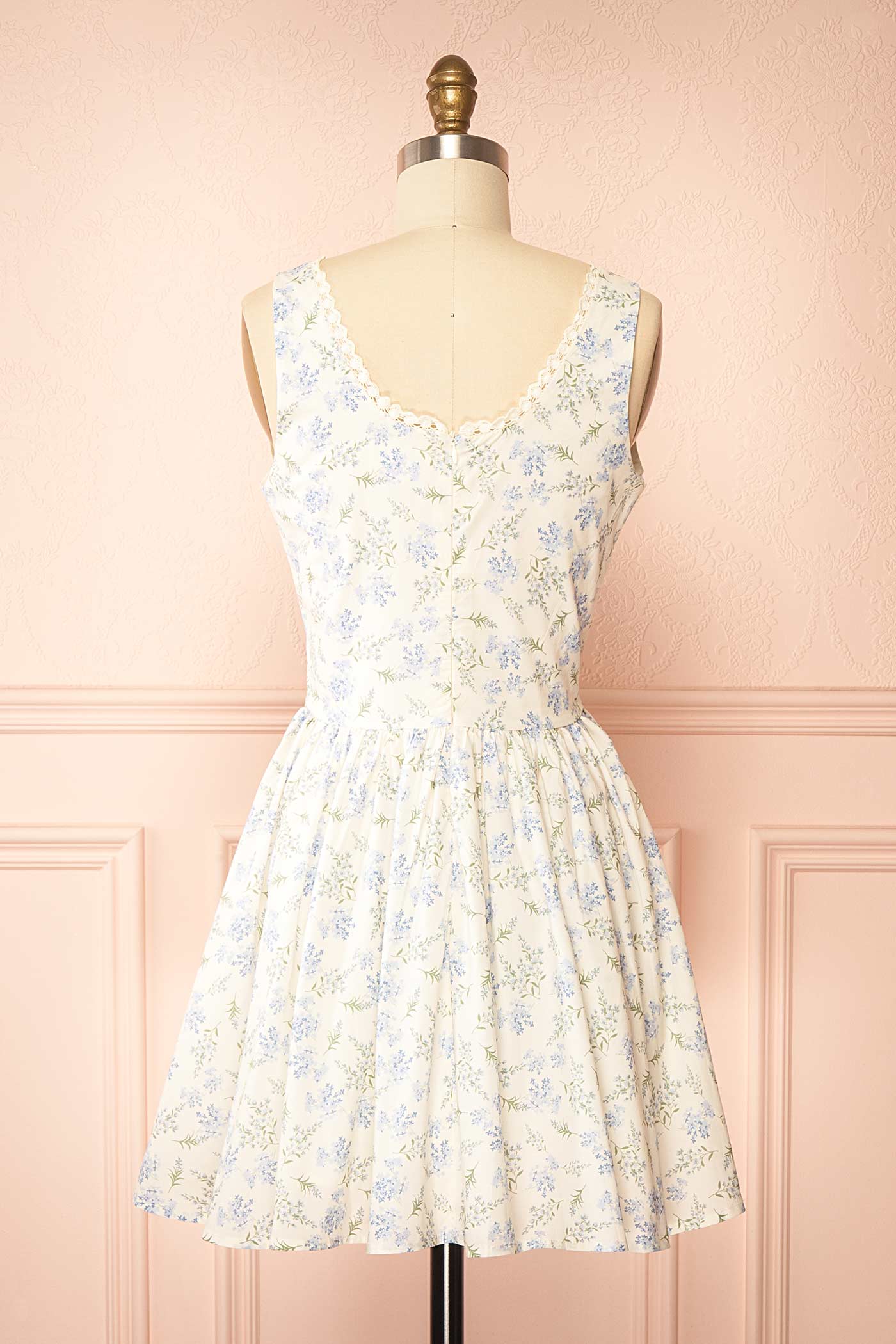 Back view Amunel White Floral V-Neck Lace Trim Short Dress with Dropped Waist at la boutique 1861