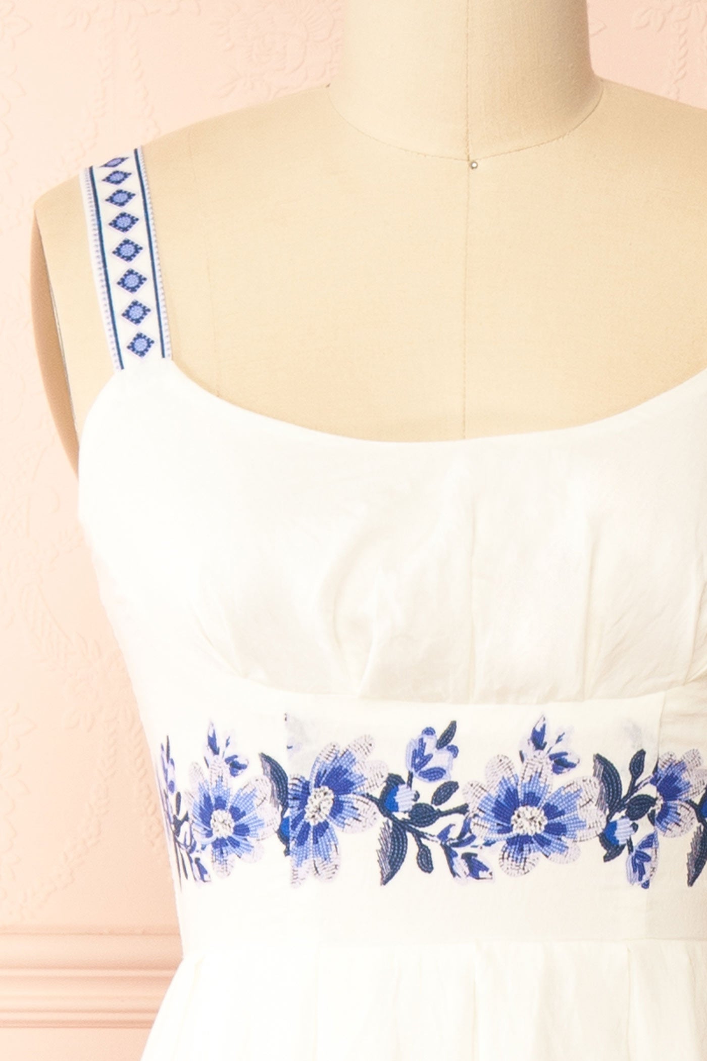 Close-up Amyris Ivory A-Line Midi Dress with Floral Print at la boutique 1861