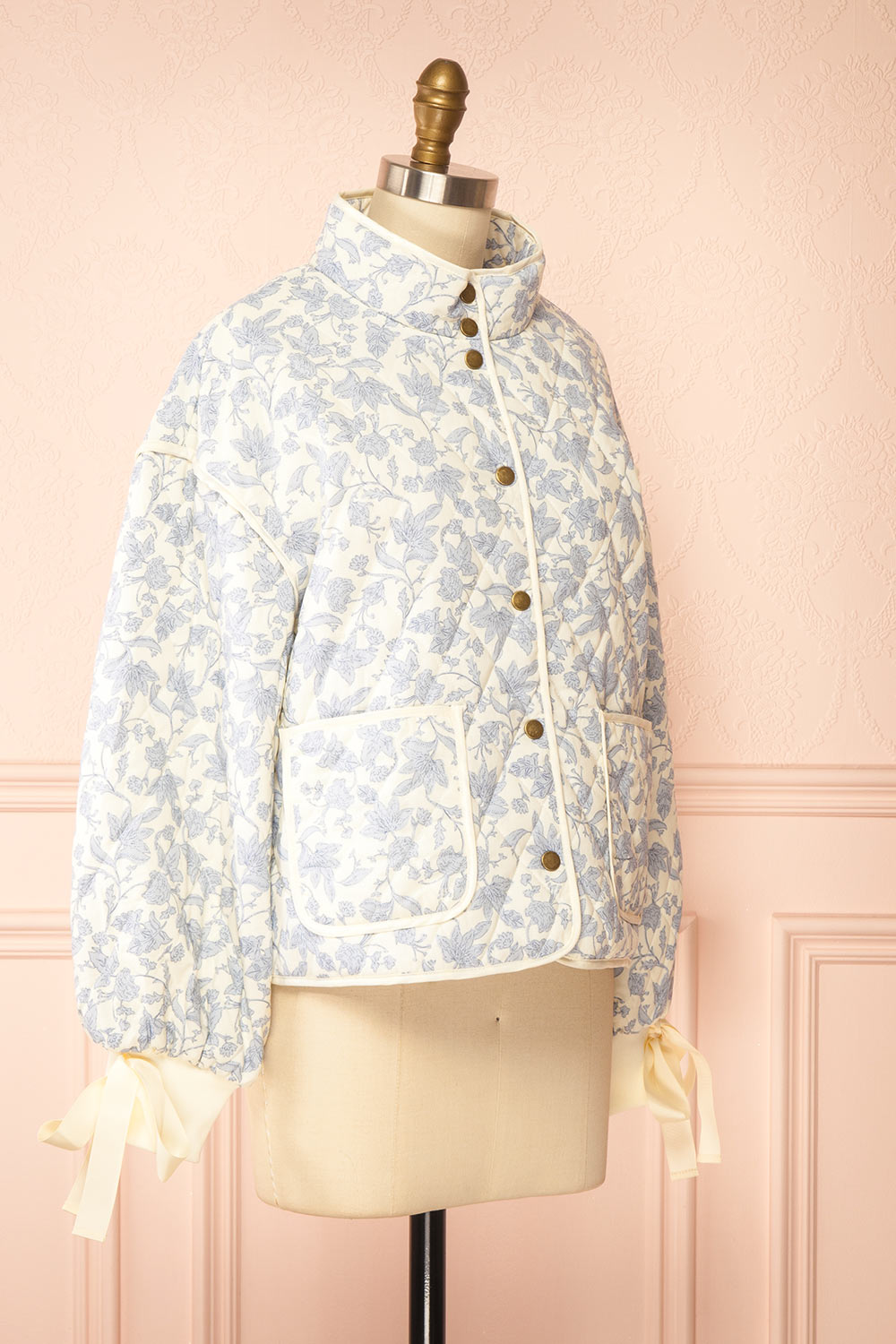 side view Anabeth Blue Floral Quilted Jacket with Ribbon-Tied | Boutique 1861