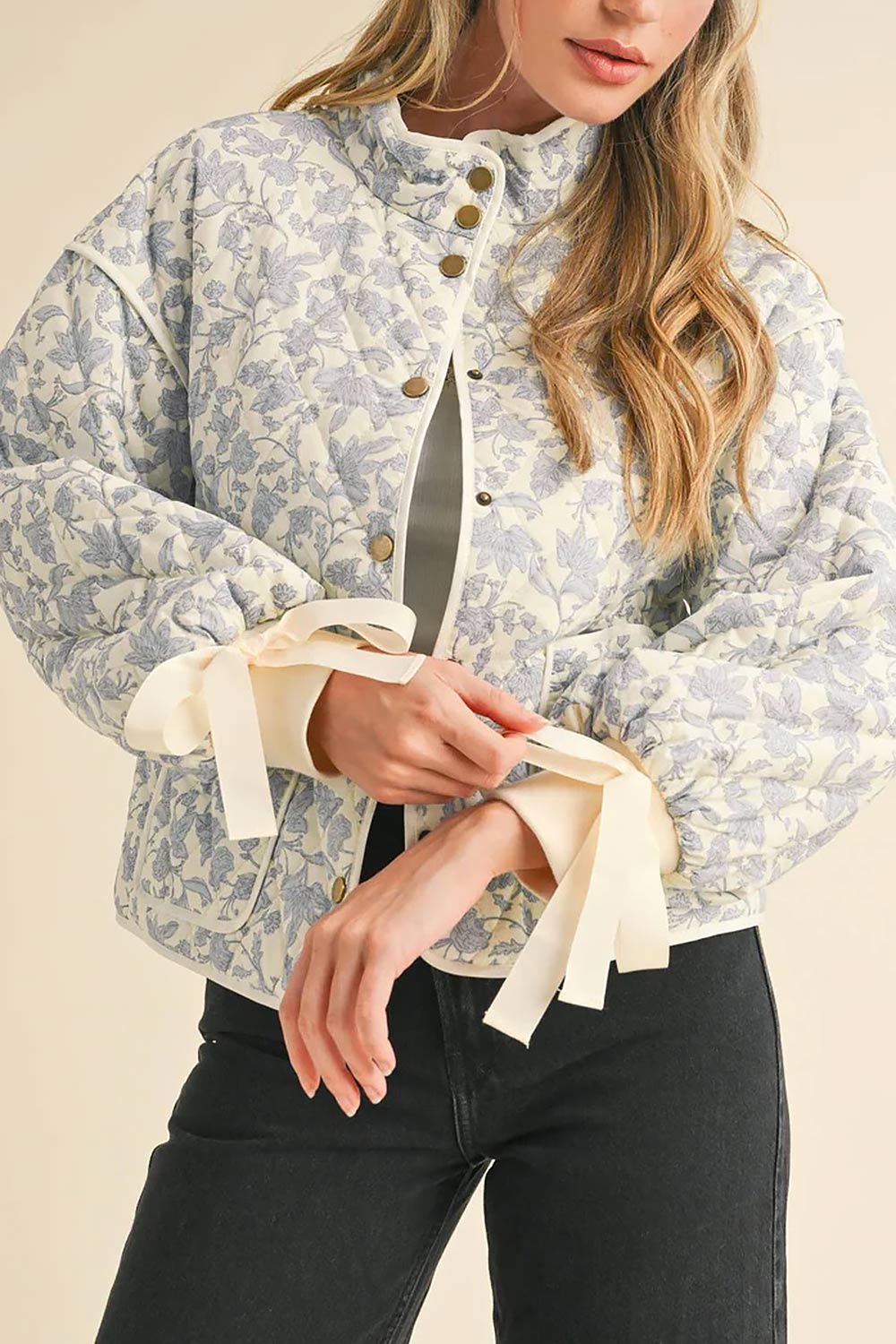 Anabeth Blue Floral Quilted Jacket with Ribbon-Tied | Boutique 1861