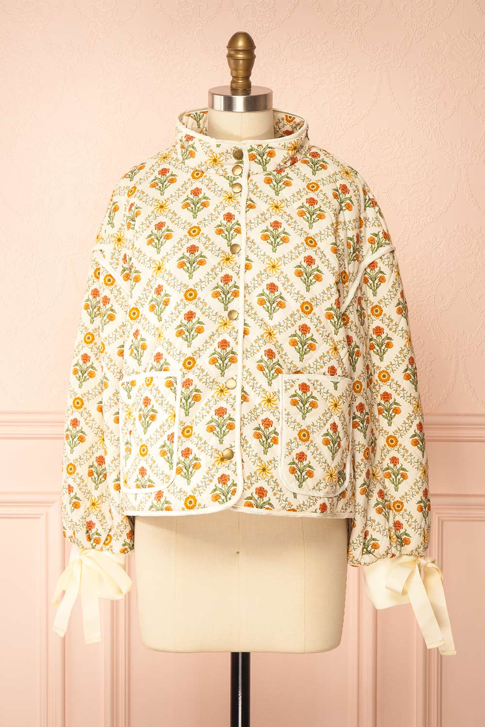 Anabeth Orange Floral Quilted Jacket with Ribbon-Tied | Boutique 1861 front view