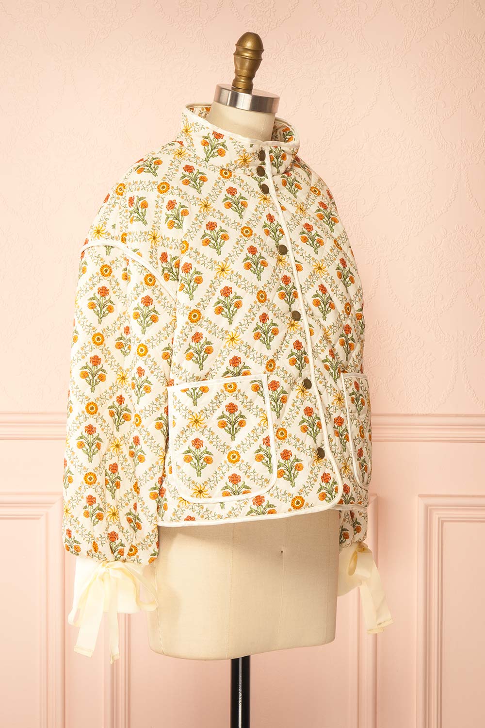 Anabeth Orange Floral Quilted Jacket with Ribbon-Tied | Boutique 1861 side view