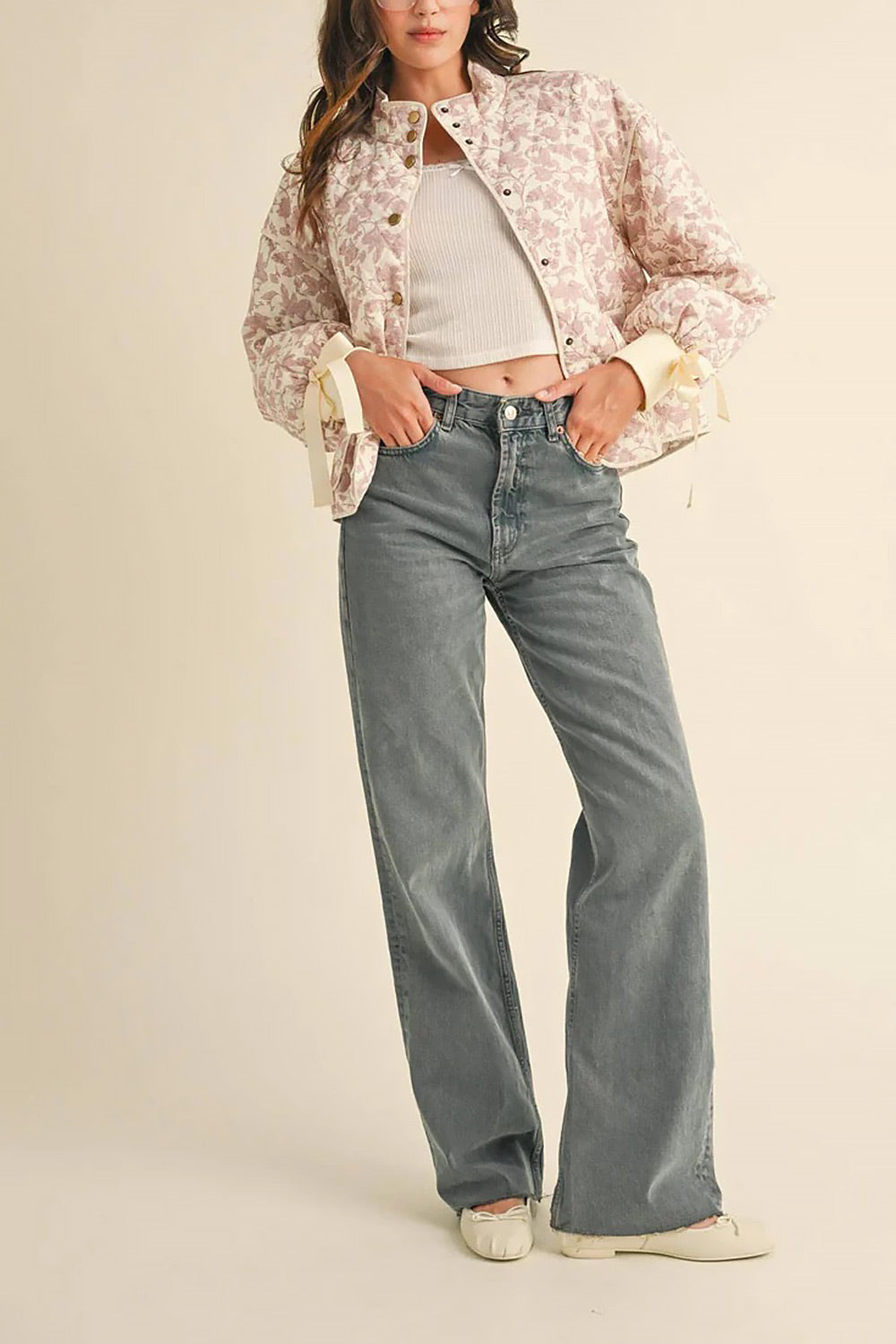 a woman wearing Anabeth Pink Floral Quilted Jacket with Ribbon-Tied from Boutique 1861