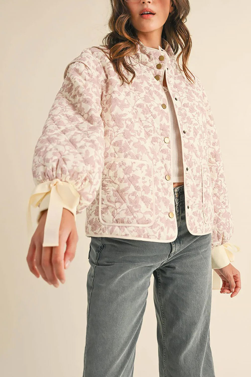 sleeve view of Anabeth Pink Floral Quilted Jacket with Ribbon-Tied from Boutique 1861