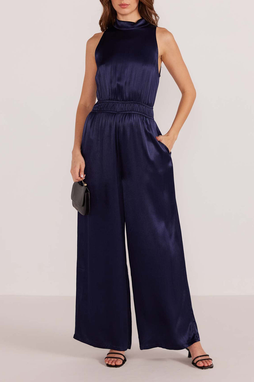 Anaheim Satin Navy Jumpsuit w/ Pockets | La petite garçonne front model